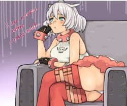 1girl arc_system_works ass blue_eyes blush chair collar dress elphelt_valentine fingerless_gloves gloves grey_eyes guilty_gear guilty_gear_strive hairband highres sitting sugagsugag0524 thick_thighs thighhighs thighs