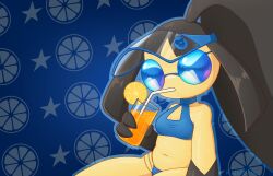 1girl arm_at_side artist_name bare_shoulders big_hair bikini black_hair black_skin blue-framed_eyewear blue-tinted_eyewear blue_background blue_bikini blue_hat blue_outline breasts cleavage_cutout clothing_cutout collarbone colored_skin cup drink drinking drinking_glass drinking_straw female_focus food fruit gen_3_pokemon hand_up hat high_ponytail highres holding holding_drink holding_drinking_glass large_variant_set lemon lemon_slice long_hair lotion mawaifu mawile multi-strapped_bikini_bottom multicolored_skin navel nintendo outline pokemon pokemon_(creature) ponytail see-through_hat sidelocks signature sitting small_breasts solo star_(symbol) star_symbol_background stomach sunglasses sunscreen sweat swimsuit tinted_eyewear two-tone_skin variant_set very_long_hair visor_cap yellow_skin
