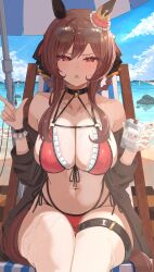 1girl absurdres animal_ears beach bikini blush breasts brown_hair cleavage cloud collarbone commentary_request gentildonna_(umamusume) hair_between_eyes hair_ornament hair_rings hanma_amnah highres horse_ears horse_girl horse_tail large_breasts looking_at_viewer lotion navel open_mouth red_eyes sky solo sweat swimsuit tail thighs umamusume wet