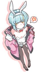 1girl absurdres animal_ears aqua_hair bare_shoulders belt black_footwear black_pantyhose black_survival blue_hair blunt_bangs blush bow bowtie breasts celine_marie_noel closed_mouth detached_collar eternal_return:_black_survival fake_animal_ears from_above full_body hairband hands_in_pockets high_heels highres jacket leotard long_sleeves looking_at_viewer looking_up loose_belt multicolored_hair off_shoulder open_clothes open_jacket orange_eyes pantyhose pink_jacket playboy_bunny rabbit_ears red_bow red_bowtie ribbon shoeguy short_hair simple_background small_breasts solo speech_bubble standing strapless strapless_leotard streaked_hair white_background white_leotard yellow_eyes