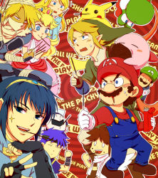 3girls 6+boys bad_id bad_pixiv_id bandages blonde_hair blue_eyes blue_hair brown_hair creatures_(company) crown facial_hair fire_emblem fire_emblem:_mystery_of_the_emblem fire_emblem:_path_of_radiance food game_freak gen_1_pokemon gloves hat ike_(fire_emblem) kid_icarus kirby kirby_(series) link long_hair luigi mario mario_(series) marth_(fire_emblem) mask meta_knight metroid multiple_boys multiple_girls mustache nintendo pikachu pit_(kid_icarus) pocky pointy_ears pokemon pokemon_(creature) princess_peach princess_zelda saiba_(henrietta) samus_aran sheik smile super_smash_bros. the_legend_of_zelda the_legend_of_zelda:_ocarina_of_time the_legend_of_zelda:_twilight_princess yoshi zero_suit