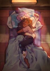 2girls amity_blight bed_sheet black_shirt closed_eyes dark-skinned_female dark_skin dawn floor from_above full_body hermi highres hug indoors luz_noceda multiple_girls open_mouth pointy_ears purple_hair shirt short_hair sleeping teeth the_owl_house
