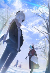 4girls absurdres aru_(blue_archive) bag beanie black_gloves black_hair black_horns black_pants blue_archive blue_sky brown_hat brown_scarf cloud commentary_request ear_piercing fisheye gloves grey_hair halo hands_in_pockets haruka_(blue_archive) hat headphones highres holding holding_bag horns jacket kayoko_(blue_archive) koutannkoburia looking_at_another multiple_girls mutsuki_(blue_archive) pants piercing ponytail problem_solver_68_(blue_archive) red_eyes red_jacket scarf single_wing sky snow snowflakes standing tree tripping wings winter