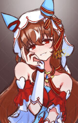 Rule 34 | 1girl, absurdres, animal ears, blush, breasts, brown hair, chest jewel, collarbone, commentary request, detached sleeves, hachimii flash, highres, horse ears, horse girl, long hair, looking at viewer, portrait, red eyes, signature, simple background, small breasts, solo, still in love (umamusume), umamusume, veil