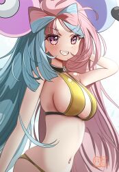 1girl agedashi_doufu_mk23 alternate_costume bikini blue_hair blush bow-shaped_hair breasts character_hair_ornament eyelashes hair_ornament hand_in_own_hair highres iono_(pokemon) long_hair looking_at_viewer navel nintendo pink_eyes pink_hair pokemon pokemon_sv sharp_teeth smile solo swimsuit teeth very_long_hair white_background yellow_bikini