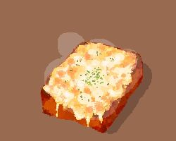 Rule 34 | bread, bread slice, brown background, cheese, food, food focus, garlic bread, hisachan55cute, melting, no humans, original, pixel art, scenery, shadow, simple background, spring onion, steaming food, toast