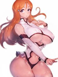 1girl adapted_costume arms_at_sides black_panties bleach blush breasts cleavage cleavage_cutout clothing_cutout collar crop_top detached_sleeves fumio_(rsqkr) hair_ornament highres huge_breasts inoue_orihime large_breasts lips looking_at_viewer navel orange_hair panties parted_bangs purple_background pursed_lips redesign revealing_clothes shiny_skin sidelocks simple_background steam stomach sweat thighs thong underboob underboob_cutout underwear upper_body wide_hips wrist_cuffs