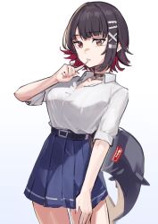 Rule 34 | 1girl, black choker, black hair, blue skirt, choker, commentary request, ellen joe, ellen joe (on campus), fins, fish tail, gradient background, grey background, highres, looking at viewer, mole, mole under eye, official alternate costume, pleated skirt, red eyes, school uniform, shark girl, shark tail, shirt, short hair, skirt, solo, solokitsune, tail, white shirt, zenless zone zero