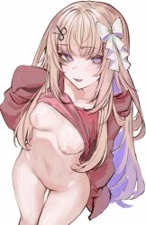 1girl absurdres amanogawa_shiina blonde_hair blush bottomless bow breasts clothes_lift colored_inner_hair commentary fang hair_bow highres hood hoodie hoodie_lift long_hair long_sleeves multicolored_hair naokomama navel nipples open_mouth phase_connect purple_bow purple_eyes purple_hair red_hoodie scissors_hair_ornament simple_background skin_fang sleeves_past_fingers sleeves_past_wrists small_breasts smile solo stomach thighs two-tone_bow two-tone_hair virtual_youtuber white_background white_bow