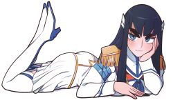 1girl absurdres arm_support black_hair blue_eyes blue_neckerchief boots commentary epaulettes full_body high_heel_boots high_heels highres jeff_miga junketsu kamui_(kill_la_kill) kill_la_kill kiryuuin_satsuki long_hair looking_at_viewer lying neckerchief on_stomach pleated_skirt school_uniform sidelocks simple_background skirt solo the_pose thick_eyebrows thigh_boots white_boots white_skirt