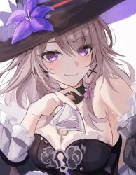 1girl ascot bare_shoulders black_choker black_dress black_hat black_sleeves blush breasts brown_hair choker closed_mouth clothing_cutout detached_sleeves dress fingernails flower frills h_09ii hair_between_eyes hair_ornament hair_ribbon hairclip hand_up hat hat_flower hat_ornament herta_(honkai:_star_rail) highres honkai:_star_rail honkai_(series) jewelry juliet_sleeves key key_necklace long_fingernails long_hair long_sleeves looking_at_viewer medium_breasts nail_polish necklace puffy_sleeves purple_eyes purple_flower purple_nails purple_ribbon ribbon sidelocks simple_background sleeveless sleeveless_dress smile solo strapless strapless_dress the_herta_(honkai:_star_rail) upper_body white_ascot white_background witch_hat x_hair_ornament