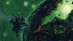 absurdres brush_stroke commentary deep_rock_galactic english_commentary green_theme highres in_orbit joe_duncan no_humans outdoors painterly planet spacecraft star_(sky) vehicle_focus vincent_van_gogh_(style)