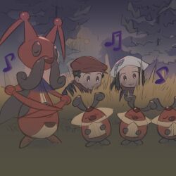 1boy 1girl akari_(pokemon) black_hair bush closed_eyes commentary_request galaxy_expedition_team_survey_corps_uniform gen_4_pokemon grass hat headscarf highres kinni kricketot kricketune musical_note night nintendo one-hour_drawing_challenge open_mouth outdoors pokemon pokemon_(creature) pokemon_legends:_arceus red_hat red_scarf rei_(pokemon) scarf tree white_headscarf