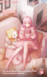 1girl blanket brown_eyes card_(medium) cat character_name commentary copyright_name couch cup cushion drawing_(object) english_commentary english_text fireplace flower hat highres holding holding_phone indoors knees_together_feet_apart knees_up legs logo long_hair momo_(nikki) nikki_(nikki) nikki_(series) no_shoes official_art on_couch pajamas phone pig piggy_journey_(shining_nikki) pink_hair pink_hat pink_pajamas pink_socks plate playing shining_nikki socks spoon stuffed_animal stuffed_toy sugar_bowl sugar_cube table teacup vase yellow_cloak