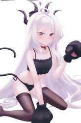 1girl absurdres ahoge alternate_costume animal_hands bell black_bra black_panties blue_archive blush bra cat_lingerie cat_paws cat_tail choker closed_mouth demon_girl demon_horns dong_hawn forehead highres hina_(blue_archive) horns kneeling long_hair looking_at_viewer meme_attire neck_bell no_shoes panties purple_eyes red_choker solo tail underwear white_hair