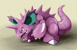 black_eyes claws commentary_request creatures_(company) game_freak gen_1_pokemon hunched_over nidoking nintendo no_humans open_mouth pokemon pokemon_(creature) sharp_teeth signature standing teeth tongue uninori