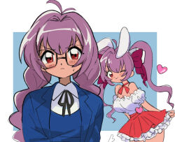 1girl 2000s_(style) animal_ears antenna_hair ba_ko blazer blue_jacket bow braid breasts choker cleavage collared_shirt di_gi_charat frown hair_bow hair_intakes high-waist_skirt jacket leaning_forward long_hair medium_breasts multiple_views open_clothes open_jacket pleated_skirt purple_hair rabbit_ears red_choker red_eyes red_skirt ribbon_choker shirt skirt smile strapless strapless_shirt sweatdrop twin_braids twintails usada_hikaru v-shaped_eyebrows wing_collar