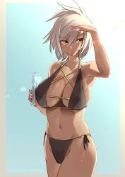 Rule 34 | 1girl, arc system works, bikini, black bikini, blazblue, blue background, border, breasts, bullet (blazblue), cleavage, double-parted bangs, food, gradient background, grey border, hair between eyes, highres, holding, holding food, large breasts, nail polish, navel, popsicle, short hair, sideboob, solo, swimsuit, two-tone background, vialnite, white hair