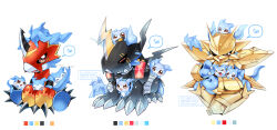:3 absurdres all_fours armor black_armor blue_skin chibimon child colored_skin digimon digimon_(creature) dragon evolutionary_line fewer_digits fladramon full_body gold_armor gold_helmet helmet highres lighdramon magnamon multicolored_skin red_armor red_eyes red_helmet shingetsu_(doru0222) shoulder_armor simple_background twitter_username two-tone_skin watermark white_background white_skin