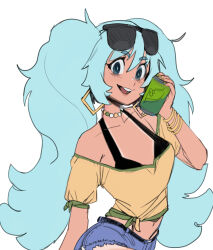 1girl animal aqua_hair bead_necklace beads bikini bikini_under_clothes blue_shorts bracelet brazilian_miku cat collarbone commentary cropped_shirt earrings english_commentary eyewear_on_head halterneck hatsune_miku highres holding holding_animal holding_cat jewelry long_hair looking_at_viewer midriff navel necklace open_mouth shirt sho-n-d short_shorts shorts simple_background solo sunglasses swimsuit tan twintails vocaloid white_background yellow_shirt