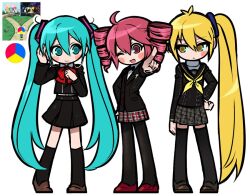 3girls akita_neru amamiya_ren aqua_eyes aqua_hair black_jacket black_pantyhose black_sailor_collar black_skirt black_socks black_thighhighs blonde_hair bow bowtie closed_mouth dramatic_crossroads_(meme) drill_hair earphones gekkoukan_high_school_uniform hair_ornament hand_on_own_hip hatsune_miku houndstooth jacket jjjjtaaaku kasane_teto kneehighs long_hair meme multiple_girls narukami_yu neckerchief one_eye_closed open_mouth pantyhose persona persona_3 persona_4 persona_5 plaid_clothes plaid_skirt pleated_skirt pointing red_bow red_bowtie red_eyes reference_inset sailor_collar school_uniform serafuku shoes shuujin_academy_school_uniform side_ponytail simple_background skirt socks standing thighhighs triple_baka_(vocaloid) twin_drills twintails utau very_long_hair vocaloid white_background yasogami_school_uniform yellow_eyes yellow_neckerchief yuuki_makoto_(persona_3)