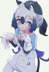 1girl absurdres animal_ears apron back_bow beret black_hat blue_bow blue_eyes blue_hair blue_shirt bow grey_hair hair_between_eyes hat highres horse_ears horse_girl horse_tail kemono_friends multicolored_hair paint_on_clothes paint_splatter paint_splatter_on_face paint_stains pantyhose ponytail shirt short_sleeves sidelocks solo t-shirt tail tarpan_(kemono_friends) toro_orororo white_apron white_hair white_pantyhose