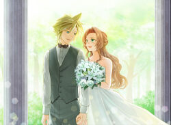 1boy 1girl aerith_gainsborough black_bow black_bowtie black_pants black_vest blonde_hair blue_eyes blush bouquet bow bowtie brown_hair cloud_strife collared_shirt couple dress final_fantasy final_fantasy_vii flower green_eyes grey_shirt hair_between_eyes hetero holding holding_bouquet holding_hands husband_and_wife interlocked_fingers lily_(flower) long_hair looking_at_another pants parted_bangs parted_lips pillar shirt sidelocks smile spiked_hair vest waistcoat wedding wedding_dress white_flower yahokichi_ma