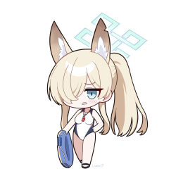 animal_ears bare_shoulders blonde_hair blue_archive blue_eyes blue_halo breasts chibi chibi_only competition_swimsuit dog_ears hair_over_one_eye halo highres kanna_(blue_archive) kanna_(swimsuit)_(blue_archive) large_breasts luceee one-piece_swimsuit one_eye_covered ponytail simple_background swimsuit thighs tube whistle whistle_around_neck white_background
