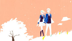 1boy 1girl bag black_socks black_sweater_vest blue_jacket collared_shirt commentary_request grass grey_necktie hands_in_pockets jacket kneehighs looking_to_the_side masking_tape_(medium) minimalism mixed_media necktie open_clothes open_jacket orange_sky original pants ryono shirt short_hair shoulder_bag skirt sky socks suit_jacket sweater_vest traditional_media tree unconventional_media white_hair white_pants white_shirt white_skirt wide_shot