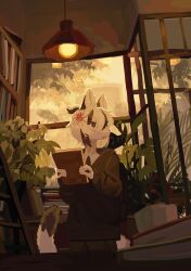 1girl absurdres animal_ears backpack bad_id bad_twitter_id bag black_eyes black_hair black_hoodie book book_stack bookshelf flower furry furry_female hair_between_eyes hair_flower hair_ornament highres holding holding_book hood hoodie indoors ladder library multicolored_hair ndfrskr no_lineart one_side_up open_mouth original plant potted_plant solo tail turning_head two-tone_hair white_hair window
