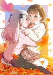 2girls absurdres aqua_eyes artist_logo autumn_leaves black_pantyhose black_ribbon blue_nails blue_sky blush border bow bowtie brown_cardigan brown_hair brown_skirt cardigan collared_shirt commentary_request couple eye_contact falling_leaves film_grain finger_on_nose fingernails flower full_body grey_skirt hair_flower hair_ornament hair_ribbon half_updo hand_up highres hug leaf logo long_hair looking_at_another low_twintails maple_leaf multiple_girls mutual_hug nail_polish no_shoes off_shoulder open_cardigan open_clothes open_mouth original outdoors outside_border pancake_(pocket_domori) pantyhose pink_bow pink_bowtie pink_eyes pink_nails pink_sweater plaid_clothes plaid_skirt pleated_skirt ribbon school_uniform shirt sitting sitting_on_lap sitting_on_person skirt sky sleeves_past_wrists straddling sweater twintails watermark white_background white_border white_pantyhose white_shirt yellow_flower yuri