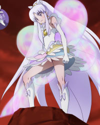 10s 1girl absurdly_long_hair brooch cure_fortune cure_fortune_(innocent_form) elbow_gloves gloves gurasan_(happinesscharge_precure!) happinesscharge_precure! haruyama_kazunori heart heart_brooch hikawa_iona innocent_form_(happinesscharge_precure!) jewelry light_purple_hair long_hair magical_girl multicolored_skirt no_panties ponytail precure purple_eyes skirt standing very_long_hair white_gloves wide_ponytail