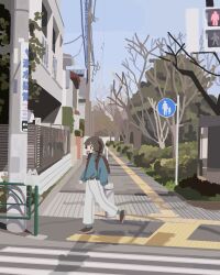 1girl absurdres aqua_sweater bare_tree blue_sky braid building bush crosswalk ghost highres kyora_san long_sleeves no_lineart original outdoors pants power_lines shoes sidewalk sign sky solo sweater tactile_paving tree twin_braids walking white_pants