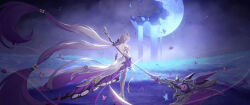 1girl absurdly_long_hair absurdres asymmetrical_gloves backless_dress backless_outfit bare_shoulders black_tiara bright_pupils bug butterfly castorice_(honkai:_star_rail) chinese_commentary closed_mouth commentary_request dress elbow_gloves floating_hair flower from_behind full_body gloves grey_hair high_heels highres holding holding_scythe honkai:_star_rail honkai_(series) incredibly_absurdres insect jjjunzhu long_hair multicolored_hair outdoors pantyhose pointy_ears purple_butterfly purple_eyes purple_flower purple_gloves purple_hair scythe solo standing tiara uneven_gloves very_long_hair white_dress white_pantyhose white_pupils