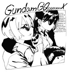 2girls album_cover_redraw amate_yuzuriha apple arm_around_shoulder beanie cheek_bulge closed_mouth collared_shirt commentary_request copyright_name derivative_work dress_shirt eating food food_on_face fruit full_mouth goo_(album) greyscale gundam gundam_gquuuuuux haro hat highres holding holding_food holding_fruit jacket long_hair long_sleeves mazarimon monochrome multiple_girls non-humanoid_robot nyaan_(gundam_gquuuuuux) open_clothes open_jacket parody puffy_long_sleeves puffy_sleeves robot romaji_text shirt short_hair sonic_youth sunglasses