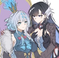 2girls ascot asymmetrical_bangs black_corset black_hair black_shrug blue_ascot blue_eyes blue_fire blue_hair blue_shirt bow bowtie braid breasts bright_pupils bustier cerydra_(honkai:_star_rail) chinese_commentary closed_mouth collared_shirt colored_inner_hair commentary_request corset crown detached_sleeves diamond-shaped_pupils diamond_(shape) earrings eclair_yuri fire gloves hair_behind_ear hair_intakes hair_ornament half_up_half_down_braid hand_on_another&#039;s_shoulder headpiece highres honkai:_star_rail honkai_(series) hysilens_(honkai:_star_rail) jewelry juliet_sleeves kishimen_hair light_smile long_hair long_sleeves looking_ahead looking_at_another medium_breasts mini_crown multicolored_hair multiple_girls pink_bow pink_bowtie pointed_crown puffy_sleeves purple_eyes red_gloves scales shirt short_hair_with_long_locks shrug_(clothing) simple_background single_bare_shoulder sitting_on_throne sketch sleeveless sleeveless_shirt straight_hair symbol-shaped_pupils throne two-tone_hair underbust upper_body white_background white_pupils wing_collar yuri