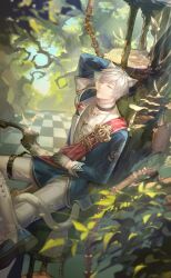 Rule 34 | 1boy, ahoge, animal collar, animal ears, arm behind head, armband, artist request, belt, belt buckle, black belt, black collar, black gloves, black shoes, blue coat, blue sky, buckle, cat boy, cat ears, cat tail, checkered floor, cheshire cat parade (shining nikki), closed eyes, closed mouth, coat, collar, collared shirt, day, dress pants, dress shoes, foot out of frame, game cg, gloves, grey hair, hand on lap, high collar, highres, light particles, light smile, loen (shining nikki), long sleeves, male focus, medal, military uniform, nikki (series), official art, outdoors, pants, red sash, sash, shining nikki, shirt, shoes, short hair, sitting, sky, sleeve cuffs, solo, tail, thigh belt, thigh strap, tree, white armband, white pants, white shirt, white sleeve cuffs