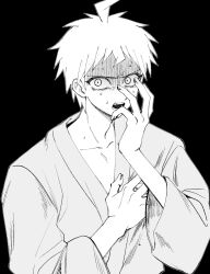 Rule 34 | 1boy, ahoge, black background, collarbone, constricted pupils, danganronpa (series), danganronpa 2: goodbye despair, greyscale, hand on own chest, hand on own face, highres, hinata hajime, japanese clothes, kimono, male focus, monochrome, nervous sweating, open mouth, shaded face, short hair, simple background, solo, surprised, sweat, turn pale, upper body, yeol-ya (yeolya 51)