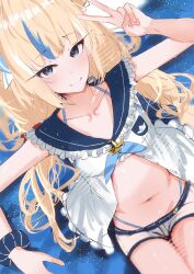 1girl animal_ears bikini bikini_under_clothes blonde_hair blue_bikini blue_eyes blue_hair breasts cat_ears closed_mouth dress highres indie_virtual_youtuber long_hair multicolored_hair navel sameko_saba shorts sleeveless sleeveless_dress small_breasts smile solo streaked_hair swimsuit v vanssey very_long_hair virtual_youtuber white_dress white_shorts