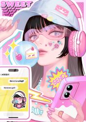 Rule 34 | 1girl, absurdres, aoi machi, baseball cap, black hair, blue eyes, cake, cake slice, candy, cellphone, cherry, chewing gum, english text, food, fruit, hat, headphones, highres, holding, holding phone, ice cream, jewelry, lollipop, long hair, nail polish, necklace, original, phone, pink nails, sticker, sticker on face, text messaging, white hat