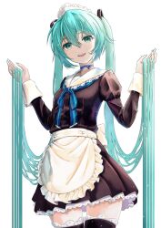 1girl apron aqua_eyes aqua_hair black_dress black_shirt black_skirt black_thighhighs blue_ribbon breasts character_name choker commentary_request cowboy_shot dress dress_shirt floating_hair frilled_apron frills hair_between_eyes hair_ornament hatsune_miku highres holding holding_own_hair hxk4_n juliet_sleeves long_hair long_sleeves looking_at_viewer maid maid_headdress miniskirt open_mouth pleated_skirt puffy_sleeves ribbon ribbon_choker sailor_collar sailor_shirt shirt sidelocks simple_background skirt smile solo standing teeth thighhighs twintails upper_teeth_only very_long_hair vocaloid waist_apron white_apron white_background white_sailor_collar zettai_ryouiki
