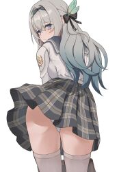 1girl absurdres ass bag black_ribbon blush brown_bag closed_mouth collared_shirt firefly_(honkai:_star_rail) firefly_(spring_missive)_(honkai:_star_rail) from_behind gradient_hair green_pupils grey_hair grey_hairband grey_sailor_collar grey_skirt hair_between_eyes hair_intakes hair_ornament hairband handbag highres holding holding_bag honkai:_star_rail honkai_(series) long_hair multicolored_eyes multicolored_hair panties pleated_skirt ribbon sailor_collar school_uniform serafuku shirt simple_background skirt solo takahashi_hizumi thighhighs two-tone_eyes underwear white_background white_panties white_shirt white_thighhighs