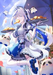 Rule 34 | 1girl, ahoge, aokumo rin, aqua eyes, back ribbon, belt, blue skirt, blue sky, blue streaks, boots, bow, breasts, building, center frills, character name, chicken (food), chicken wing, city, cloud, cloud hair ornament, colored inner hair, commentary request, day, elbow gloves, expressionless, fall (aki), floating hair, food, food in mouth, foot out of frame, fried chicken, frilled skirt, frills, garter straps, gloves, highres, holding, holding plate, korean commentary, kurimi (aokumo rin), large breasts, leg up, long hair, looking at viewer, maid, maid headdress, mascot, multicolored hair, name tag, outdoors, plate, purple bow, ribbon, roller skates, short sleeves, skates, skirt, sky, skyscraper, solo, standing, standing on one leg, stellive, thighhighs, twisted torso, virtual youtuber, white boots, white gloves, white hair, white ribbon, white thighhighs, zettai ryouiki