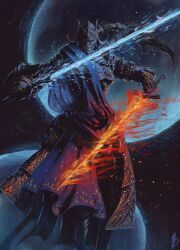 1girl armor armored_skirt black_hair blue_surcoat brown_gloves commentary elden_ring elden_ring:_shadow_of_the_erdtree english_commentary fake_horns fighting_stance fire flaming_sword flaming_weapon full_armor gloves helmet highres horned_helmet horns knight long_hair max58art moon night night_sky ponytail rellana_twin_moon_knight signature sky solo