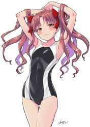1girl armpits arms_up black_one-piece_swimsuit bow breasts brown_eyes brown_hair commentary_request competition_school_swimsuit dated hair_bow hair_lift highres long_hair looking_at_viewer multicolored_swimsuit okara one-piece_swimsuit red_bow school_swimsuit shirai_kuroko signature small_breasts smile solo swimsuit thigh_gap toaru_kagaku_no_railgun toaru_majutsu_no_index tokiwadai_school_swimsuit twintails two-tone_one-piece_swimsuit two-tone_swimsuit white_background white_one-piece_swimsuit