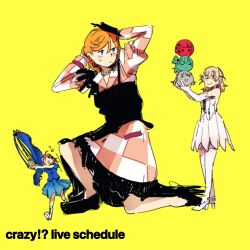 4th_live_dream_~bloom_the_dream_believers~ 524ryo 5girls ;) ;d ahoge aqours_finale_lovelive!_~eikyuu_stage~ arms_up aurora_flower_(love_live!) black_shoes blue_shirt blue_skirt blunt_bangs blush boots checkered_clothes checkered_dress closed_eyes closed_mouth commentary cross-laced_clothes cross-laced_top dress eikyuu_hours english_text flag frilled_dress frills fujishima_megumi hair_ornament high_heels highres hinoshita_kaho holding holding_flag in-franchise_crossover juliet_sleeves let&#039;s_be_one_(love_live!) liella!_6th_lovelive!_tour_~let&#039;s_be_one~ link!_like!_love_live! long_hair long_sleeves love_live! love_live!_sunshine!! love_live!_superstar!! medium_dress multiple_girls official_alternate_costume on_one_knee one_eye_closed open_mouth orange_dress orange_hair otomune_kozue pink_skirt pink_thighhighs puffy_sleeves purple_eyes running shibuya_kanon shirt shoes simple_background skirt sleeveless sleeveless_shirt smile star_(symbol) star_hair_ornament sweatdrop thighhighs v-shaped_eyebrows virtual_youtuber white_boots white_shirt yellow_background yugiri_tsuzuri