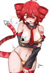 1girl arm_under_breasts bare_shoulders bikini black_sleeves blush breasts commentary_request covering_crotch covering_privates detached_collar detached_sleeves drill_hair embarrassed fake_tail fang gold_bikini hair_between_eyes highres karasu2020_8 kasane_teto large_breasts navel necktie open_mouth red_hair red_necktie red_thighhighs solo stomach sweat swimsuit tail tears thighhighs torn_bikini torn_clothes twin_drills utau