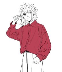 1boy arm_up belt belt_buckle buckle closed_mouth collared_shirt dress_shirt earrings hair_intakes hand_on_own_ear highres jewelry light_smile link long_pointy_ears long_sleeves looking_to_the_side male_focus medium_hair nintendo pants parted_bangs piercing pointy_ears red_shirt shirt shirt_tucked_in sideways_glance simple_background solo standing teto_ten the_legend_of_zelda the_legend_of_zelda:_breath_of_the_wild white_background wing_collar