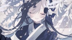 1girl black_hair black_kimono black_ribbon close-up closed_eyes grey_hair grin hair_ribbon highres japanese_clothes kimono long_hair multicolored_hair original p_pi011 ribbon smile solo teeth two-tone_hair upper_body