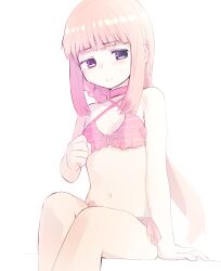 Rule 34 | 1girl, arm support, bikini, blunt bangs, breasts, closed mouth, commentary request, cowboy shot, frilled bikini, frills, hand up, invisible chair, long hair, looking at viewer, magia record: mahou shoujo madoka magica gaiden, mahou shoujo madoka magica, navel, pink bikini, pink eyes, pink hair, samidare (hoshi), sidelocks, simple background, sitting, small breasts, solo, striped bikini, striped clothes, sweatdrop, swimsuit, tamaki iroha, tamaki iroha (swimsuit costume), white background